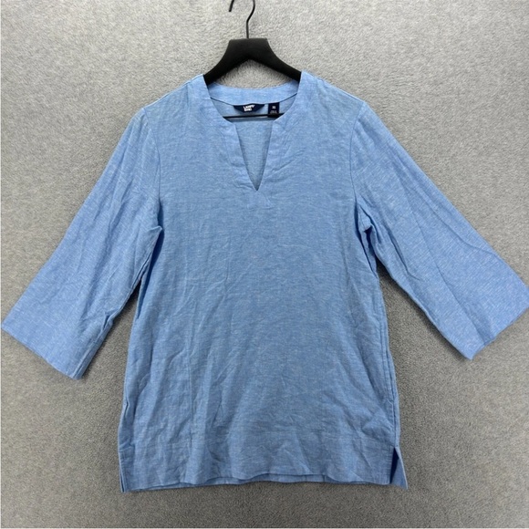 Lands End Tunic Blouse Womens Size Small Blue 3/4 Sleeve V Neck Linen Pockets - Picture 1 of 5